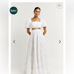 DISSH linen puff sleeve top and tiered maxi skirt set